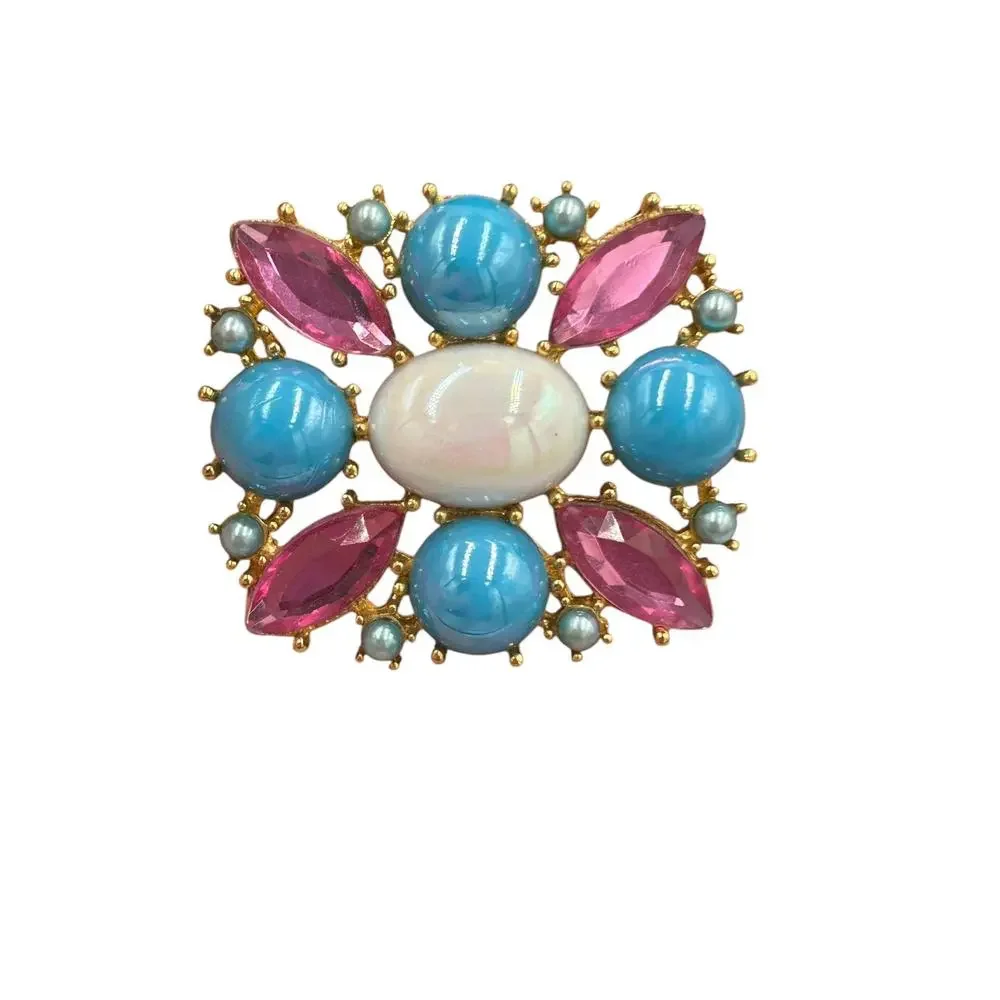 Vtg Cabachon Brooch Gold Tone Pink Blue White Easter Spring Pastel Colorful - Picture 7 of 7